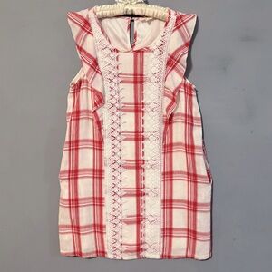 Entro Cotton Red & White Plaid Picnic Minidress Lace Accent & Pockets Small